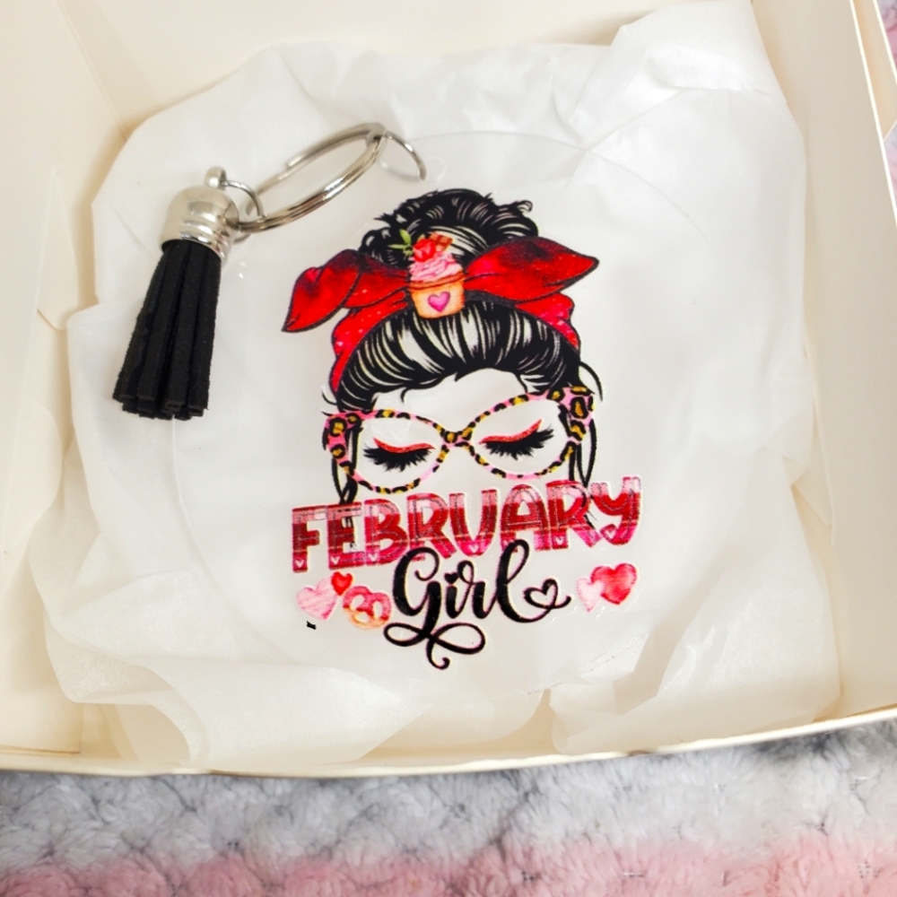 7/$10 February Girl Acrylic Keychain with Tassel, New